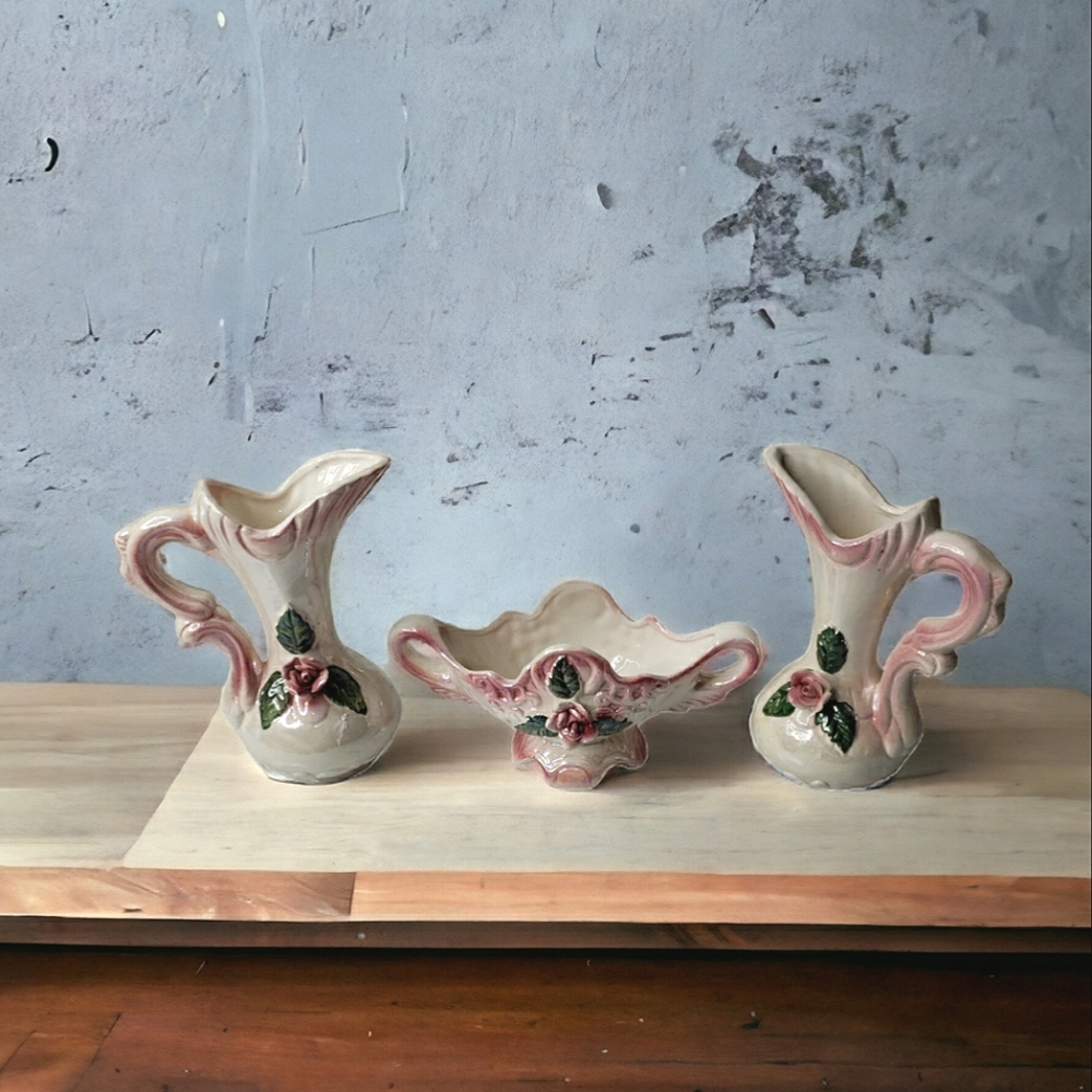 Vintage Taiwan Lusterware Porcelain Raised Floral Roses Sophia Ann Vases Three